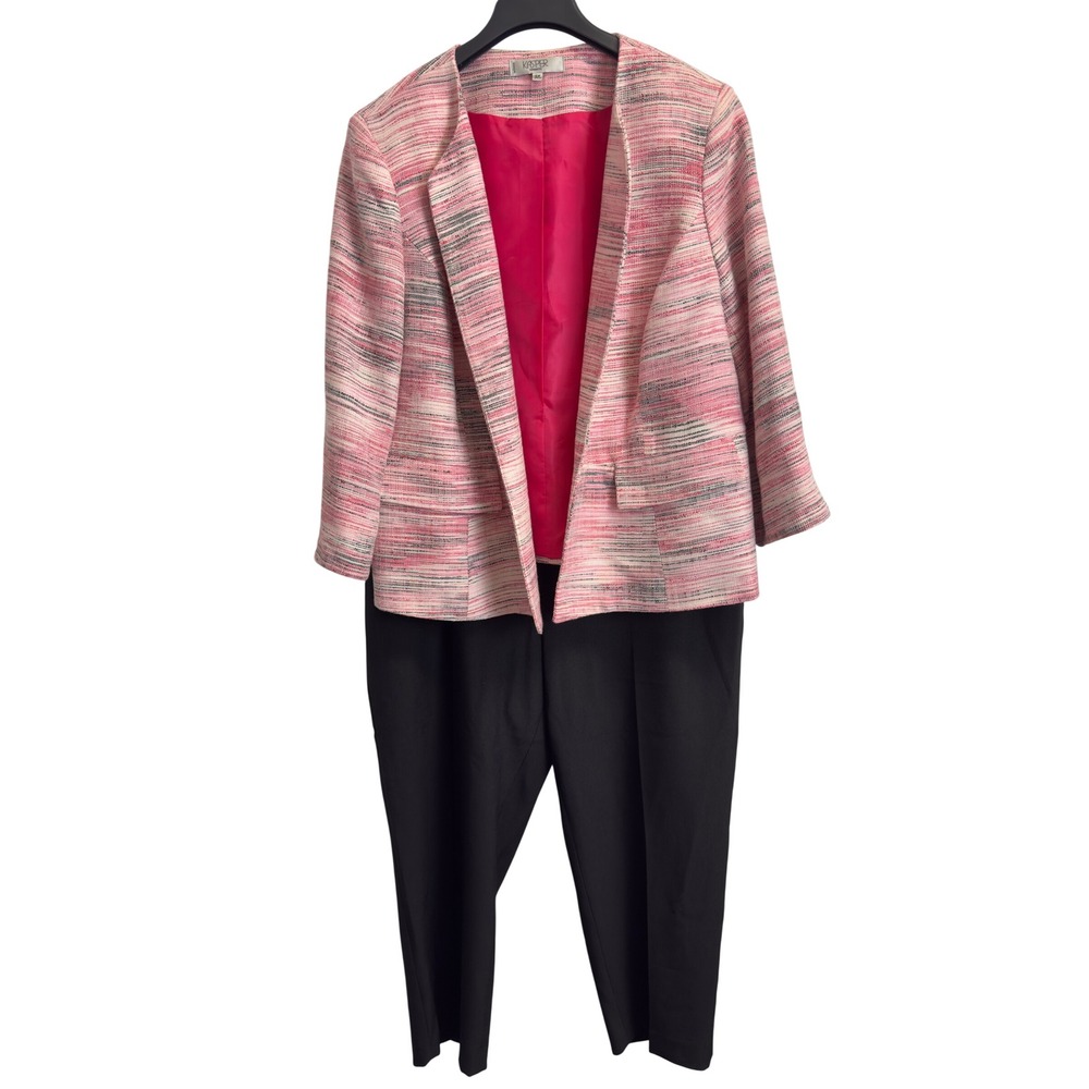 Kasper Woman 18W Pink Tweed Open Front Blazer and Black Pant Suit 2-piece Set